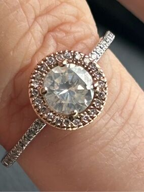 Two-Tone White & Rose Gold Dipped Halo Engagement Ring Diamond & Moissanite 7.5